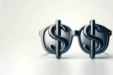 Glasses with dollar symbols on a light background. Space for textの素材