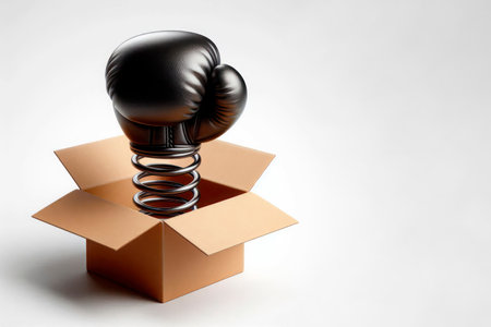 Boxing glove on a spring in a box. Space for textの素材