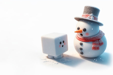 A snowman looks at a cube of snow. Space for textの素材