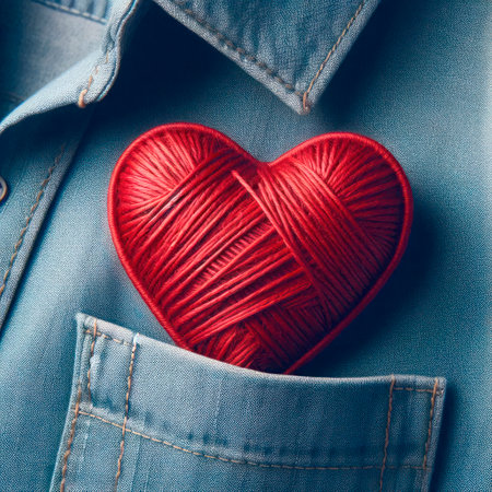 A red heart made of thread in a shirt pocketの素材