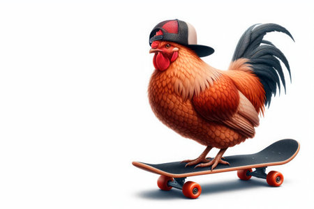 A rooster in a cap rides a skateboard. Space for textの素材