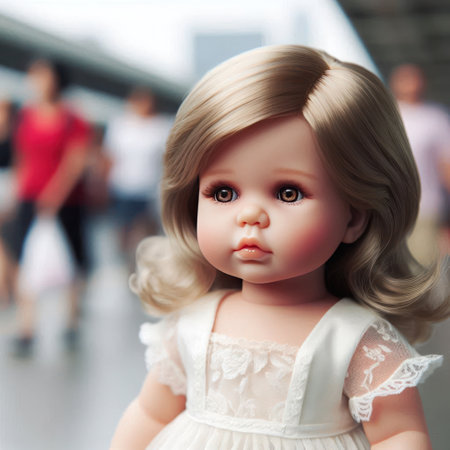 A sad doll against the background of a crowded placeの素材