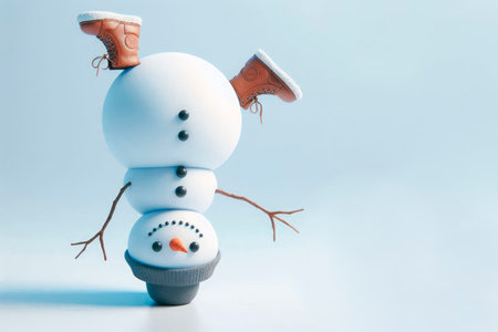 A snowman with boots in an upside-down position. Space for textの素材