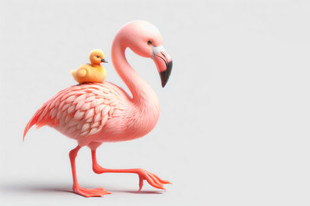 Flamingo with a duckling on its back. Space for textの素材