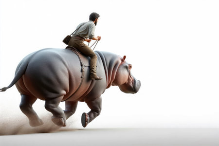 A man rides a hippopotamus. Space for textの素材