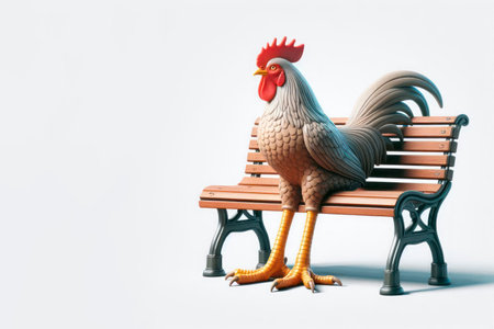 A rooster is sitting on a bench. Space for textの素材