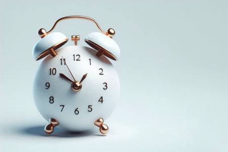 White ball-shaped alarm clock with gold details on a light background. Space for textの素材