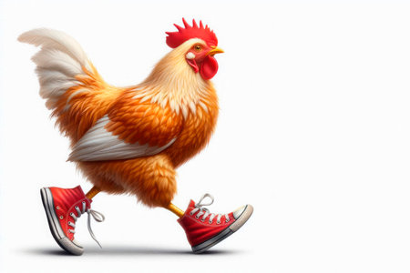 A chicken in red sneakers on a light background. Space for textの素材