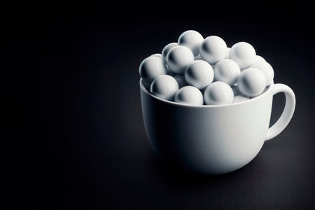 A white cup filled with white balls on a black background. Space for textの素材