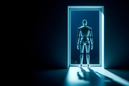 The robot stands in a doorway overlooking the city at night. Space for textの素材