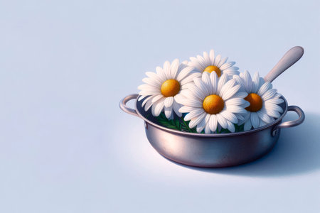 Daisies in a metal saucepan. Space for textの素材