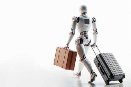 Robot in motion with suitcases. Space for textの素材