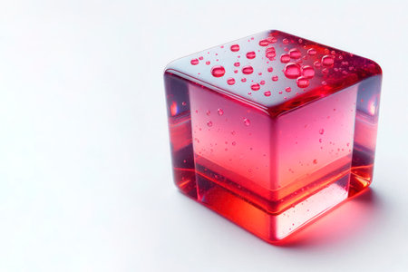 A transparent red cube with drops of water. Space for textの素材