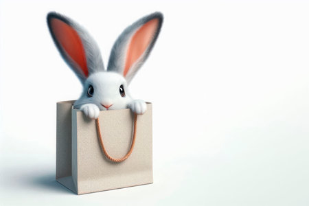 A rabbit peeks out of a paper bag. Space for textの素材