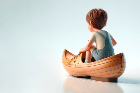 Boy in a wooden boat in the shape of shoes on a light background. Space for textの素材