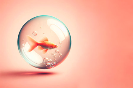 Goldfish inside a transparent bubble on a clean background. Space for textの素材
