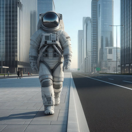 An astronaut walking on the sidewalk of a modern cityの素材