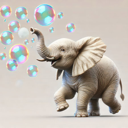 A baby elephant playing with soap bubblesの素材