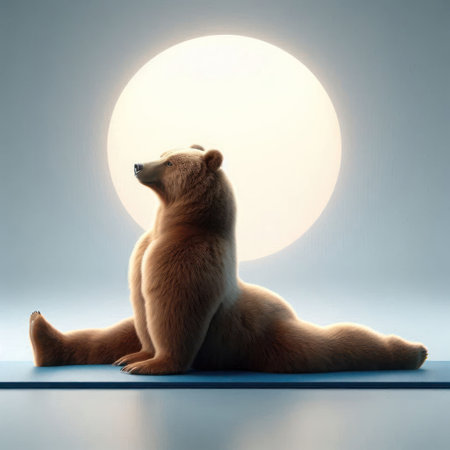 The bear is stretching against the background of a round lightの素材