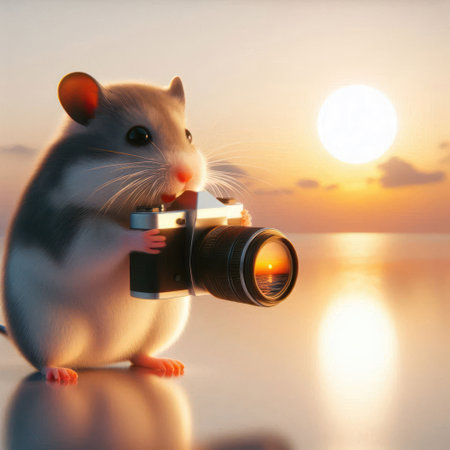 Hamster with camera with sunset backgroundの素材