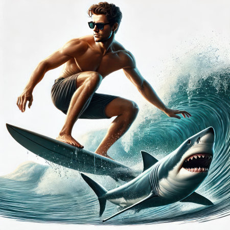 Surfer riding a wave next to a sharkの素材