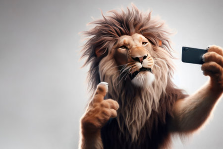 A lion taking a selfie on his phone. Space for textの素材