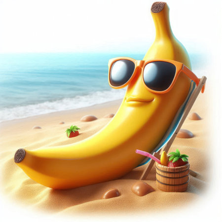 Banana with glasses on the beach under the sun. Space for textの素材
