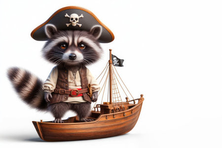 Raccoon pirate on a toy ship. Space for textの素材