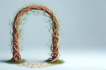 A wicker arch of branches with greenery on a light background. Space for textの素材