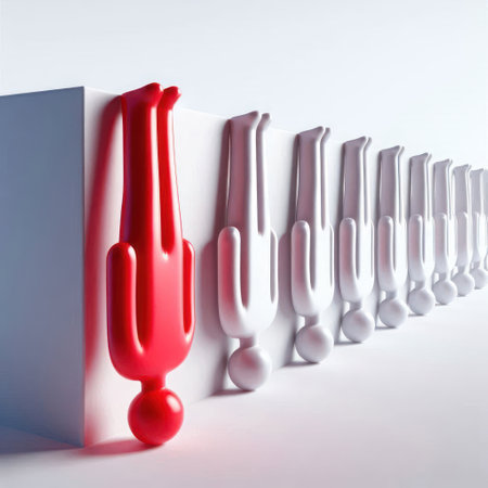 A red figure standing upside down among whites on a light backgroundの素材