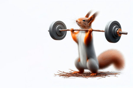 The squirrel lifts the barbell, standing on the branches. Space for textの素材
