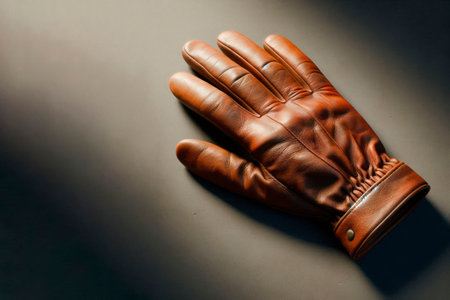 Brown leather glove on a dark background. Space for textの素材