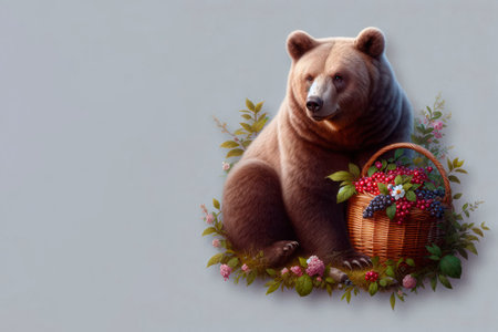 A bear with a basket of berries surrounded by plants. Space for textの素材
