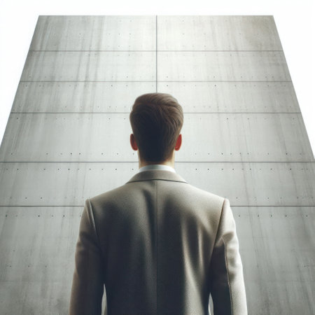 A man in front of a high concrete wall. Space for textの素材