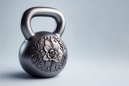 Metal kettlebell with floral pattern on a clean background. Space for textの素材