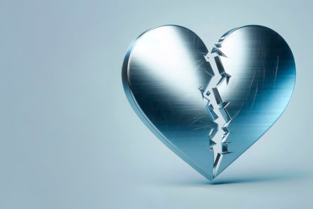 A cracked metal heart against a clear background. Space for textの素材