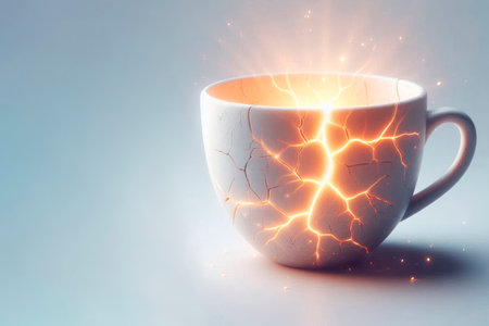 A cracked cup with a bright inner light. Space for textの素材