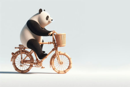 Panda on bamboo bike riding on a flat road. Space for textの素材