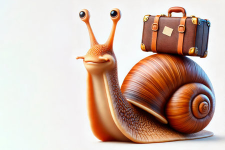 A snail with a suitcase on its back, ready to travel. Space for textの素材