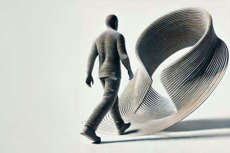 A person passes through an abstract spiral of metal strips. Space for textの素材