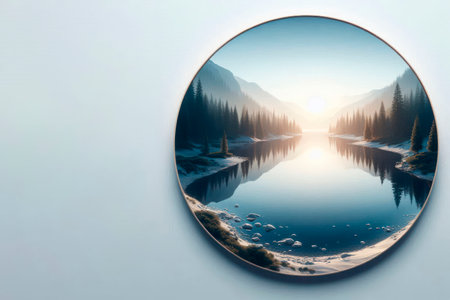 A calm lake in the mountains at sunset. Space for textの素材