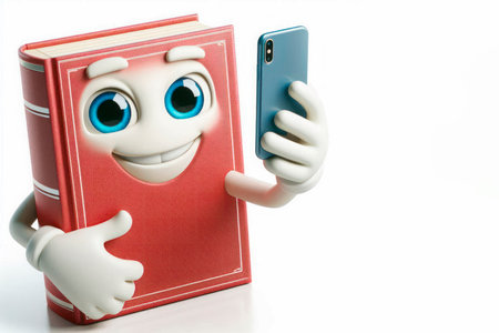 The book takes a selfie. Space for textの素材