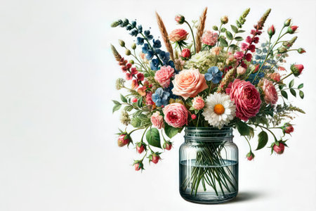Bouquet of wild and garden flowers in a glass vase. Space for textの素材