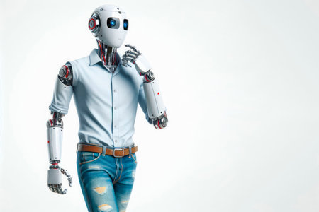 A robot in jeans and a shirt is thinking. Space for textの素材