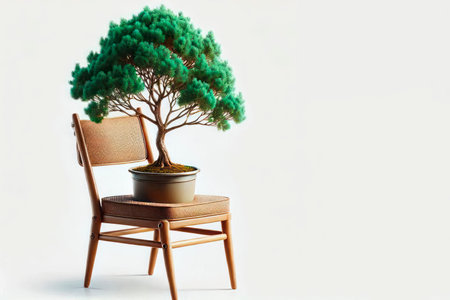 Bonsai in a pot stands on a chair on a light background. Space for textの素材