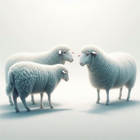 Three white sheep standing together on a light backgroundの素材