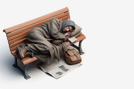 A homeless man sleeps on a bench. Space for textの素材