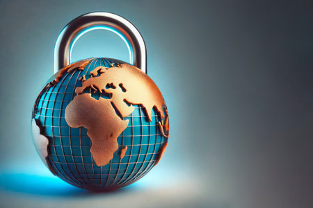 A globe with a lock, symbolizing protection or safety. Space for textの素材