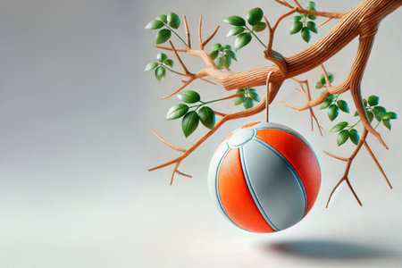 A ball stuck on a tree branch. Space for textの素材