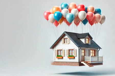 A house flying in hot air balloons. Space for textの素材